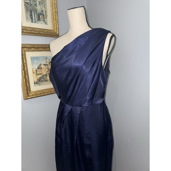 Navy Draped Dress One-Shoulder Satin Sz 10 Slit Evening Cocktail Blue Long ASOS - Picture 3 of 16